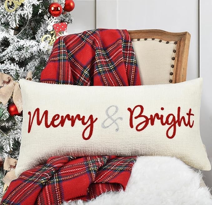 Nice Merry and Bright Christmas Decor Cotton Burlap Decorative Rectangle Throw Lumbar Waist Pillow Case Cushion Cover for Couch Living Room 12X24 inches